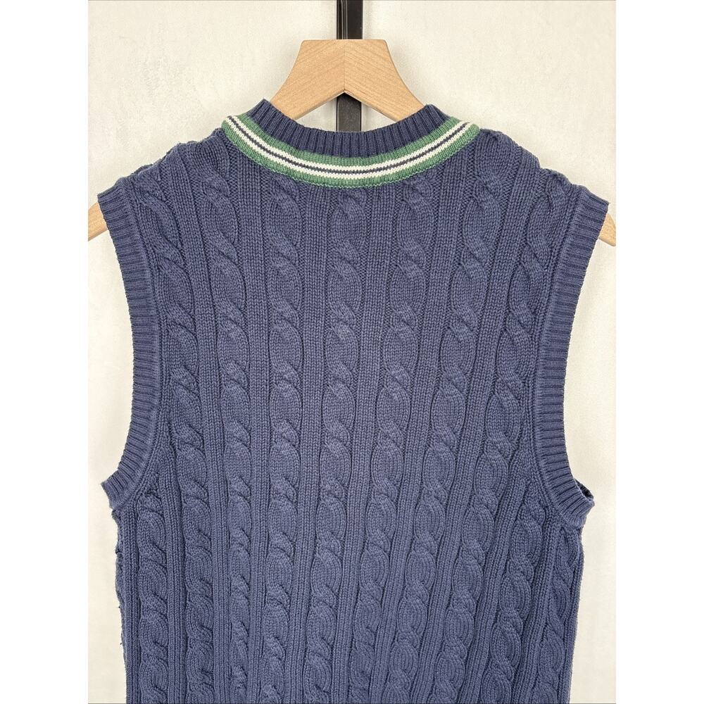 Club Room Sweater Vest Mens Large Cable Knit Navy Blue Cotton Logo Academia Golf - Picture 6 of 9